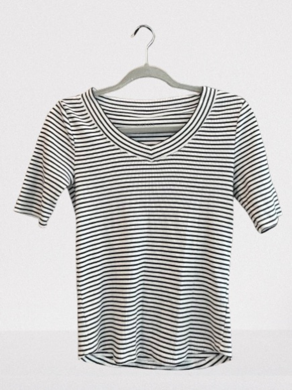 Talbots Black and White Striped V-Neck Tee